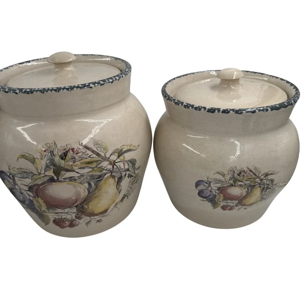 VTG Hand Painted‎ Fruit Canister Set 4 Pc Ceramic Kitchen Jars w/Lids Farmhouse